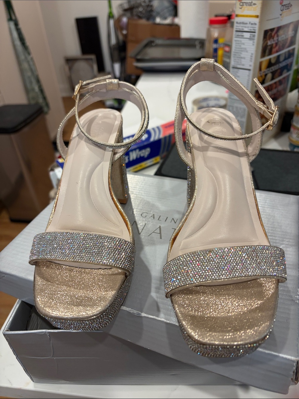 ALina Champagne Gold Glitter Rhinestone Block Heel Sandals - David’s Bridal